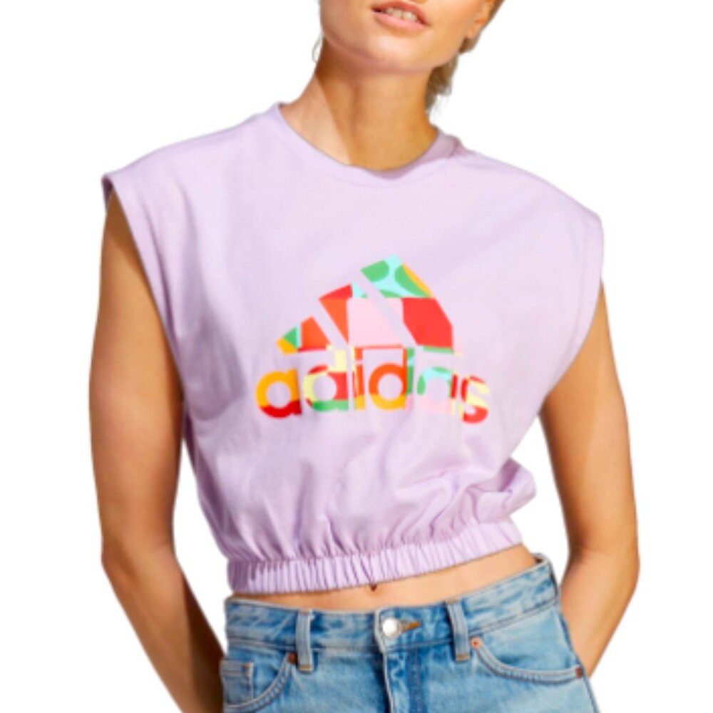 NWT Farm Rio x adidas crop top, sleeveless, graphic tee with logo, size large.